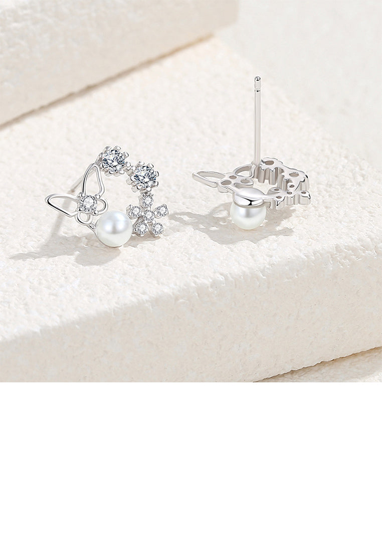 925 Sterling Silver Simple Sweet Butterfly Flower Imitation Pearl Stud Earrings with Cubic Zirconia - Luxurious Look
