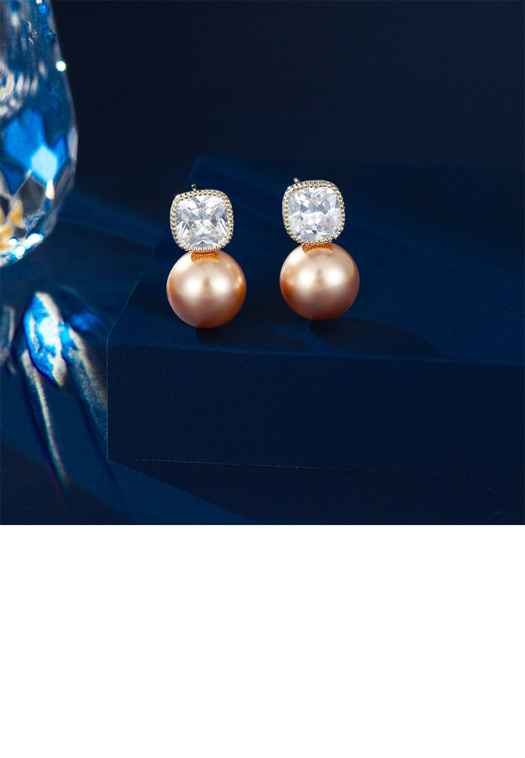 Simple and Elegant Plated Gold Geometric Imitation Pearl Stud Earrings with Cubic Zirconia - Luxurious Look