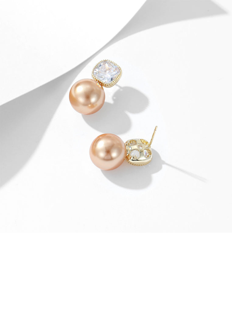 Simple and Elegant Plated Gold Geometric Imitation Pearl Stud Earrings with Cubic Zirconia - Luxurious Look