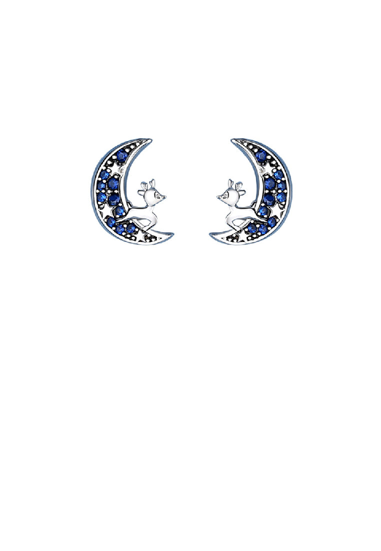 925 Sterling Silver Simple and Cute Elk Moon Stud Earrings with Blue Cubic Zirconia - Luxurious Look
