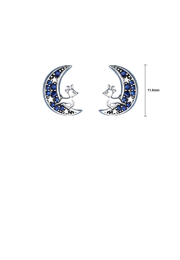 925 Sterling Silver Simple and Cute Elk Moon Stud Earrings with Blue Cubic Zirconia - Luxurious Look