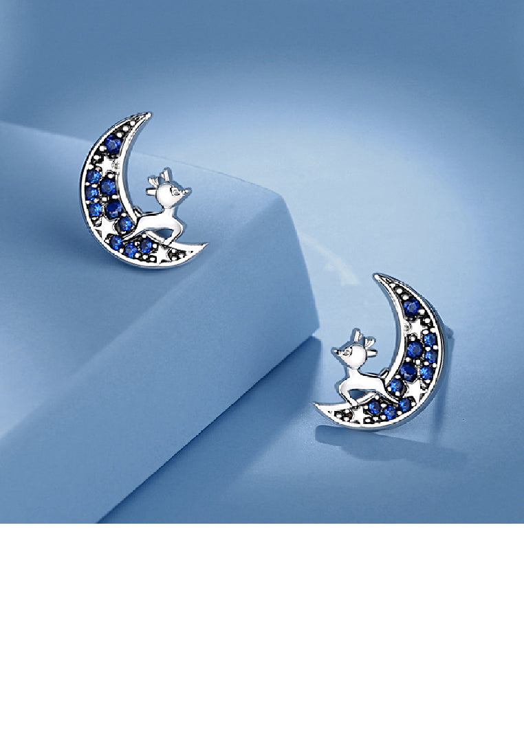 925 Sterling Silver Simple and Cute Elk Moon Stud Earrings with Blue Cubic Zirconia - Luxurious Look