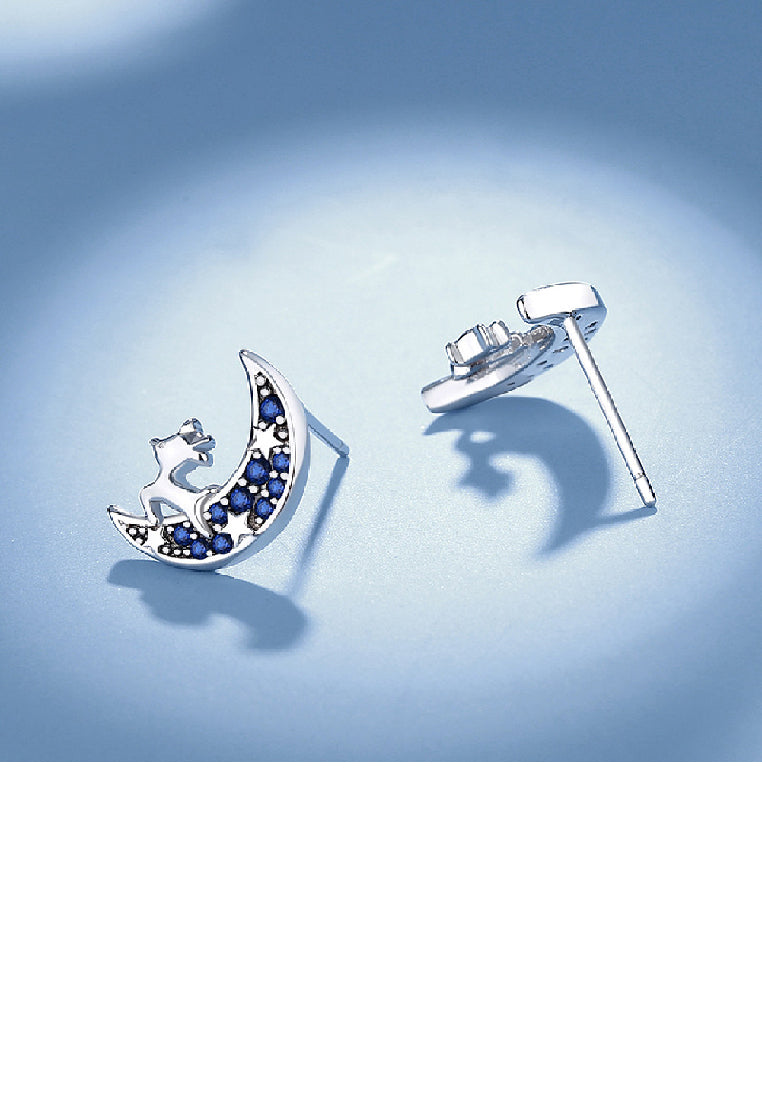 925 Sterling Silver Simple and Cute Elk Moon Stud Earrings with Blue Cubic Zirconia - Luxurious Look