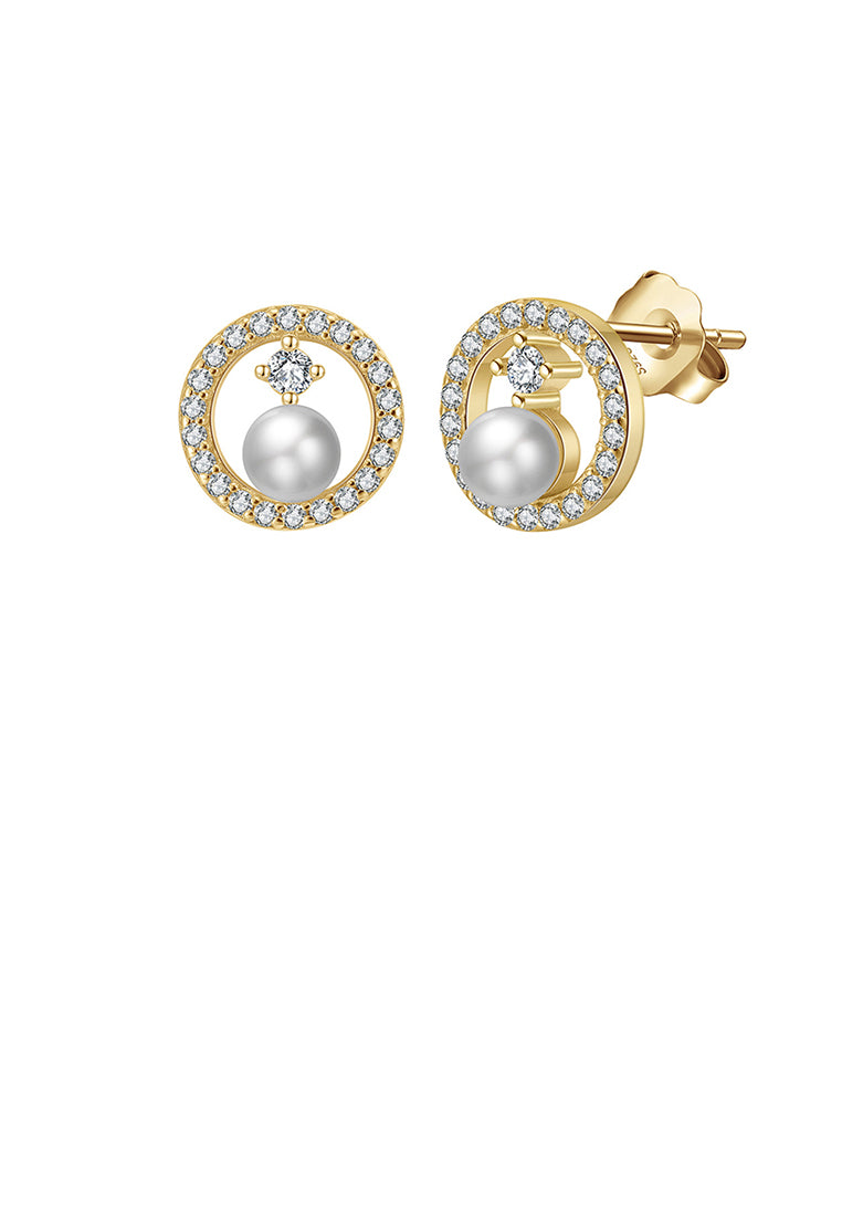 925 Sterling Silver Plated Gold Simple Elegant Geometric Round Imitation Pearl Stud Earrings with Cubic Zirconia - Luxurious Look