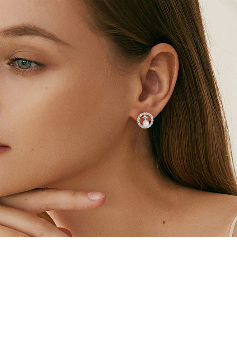 925 Sterling Silver Plated Gold Simple Elegant Geometric Round Imitation Pearl Stud Earrings with Cubic Zirconia - Luxurious Look