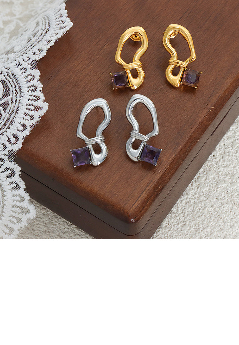 Fashion and Personalized Plated Gold 316L Stainless Steel Irregular Geometric Stud Earrings with Purple Cubic Zirconia - Luxurious Look