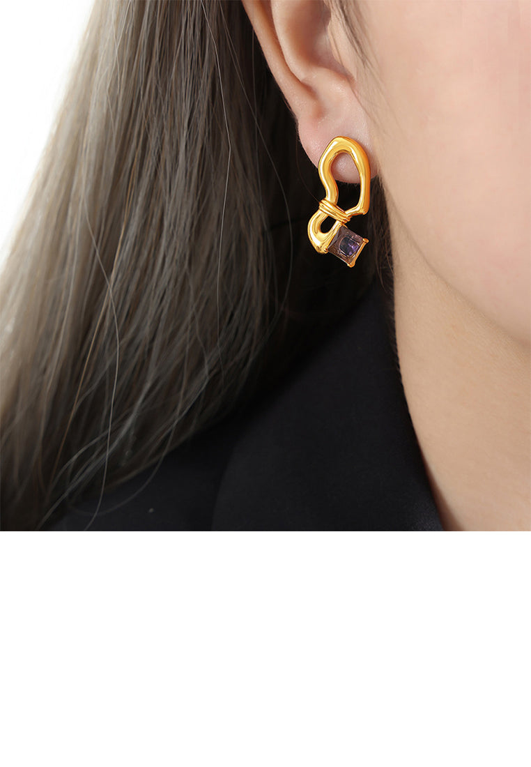 Fashion and Personalized Plated Gold 316L Stainless Steel Irregular Geometric Stud Earrings with Purple Cubic Zirconia - Luxurious Look