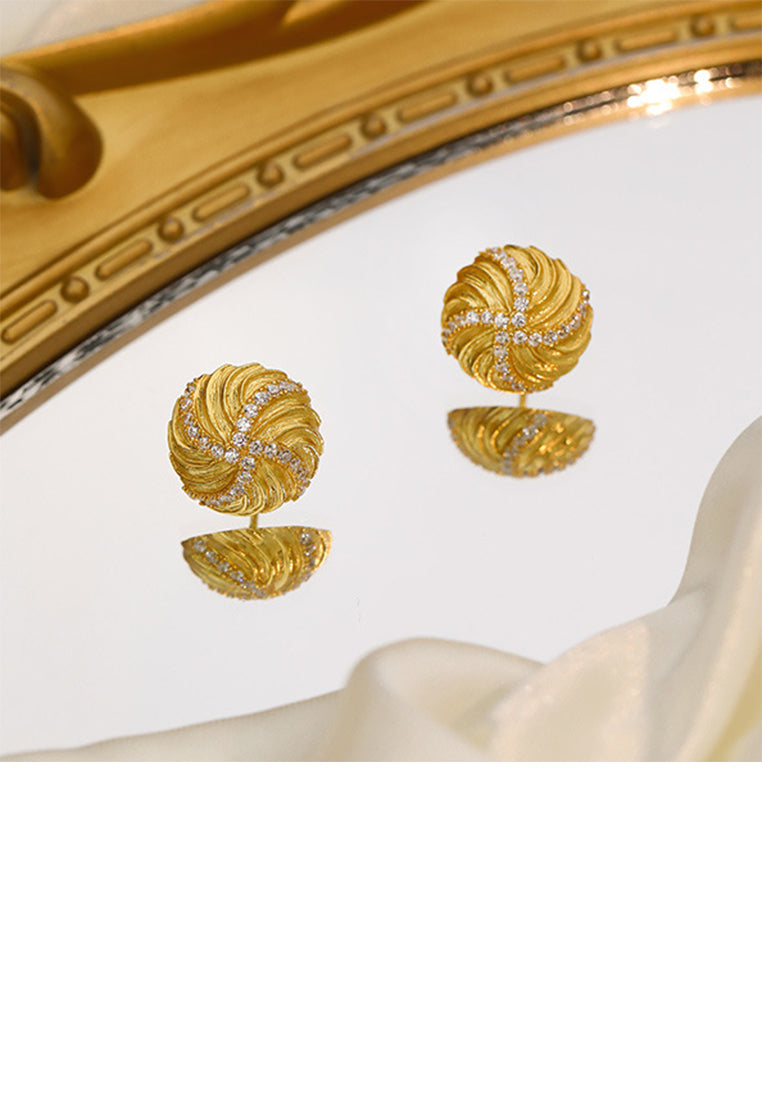 925 Sterling Silver Plated Gold Vintage Fashion Brushed Geometric Round Stud Earrings with Cubic Zirconia - Luxurious Look