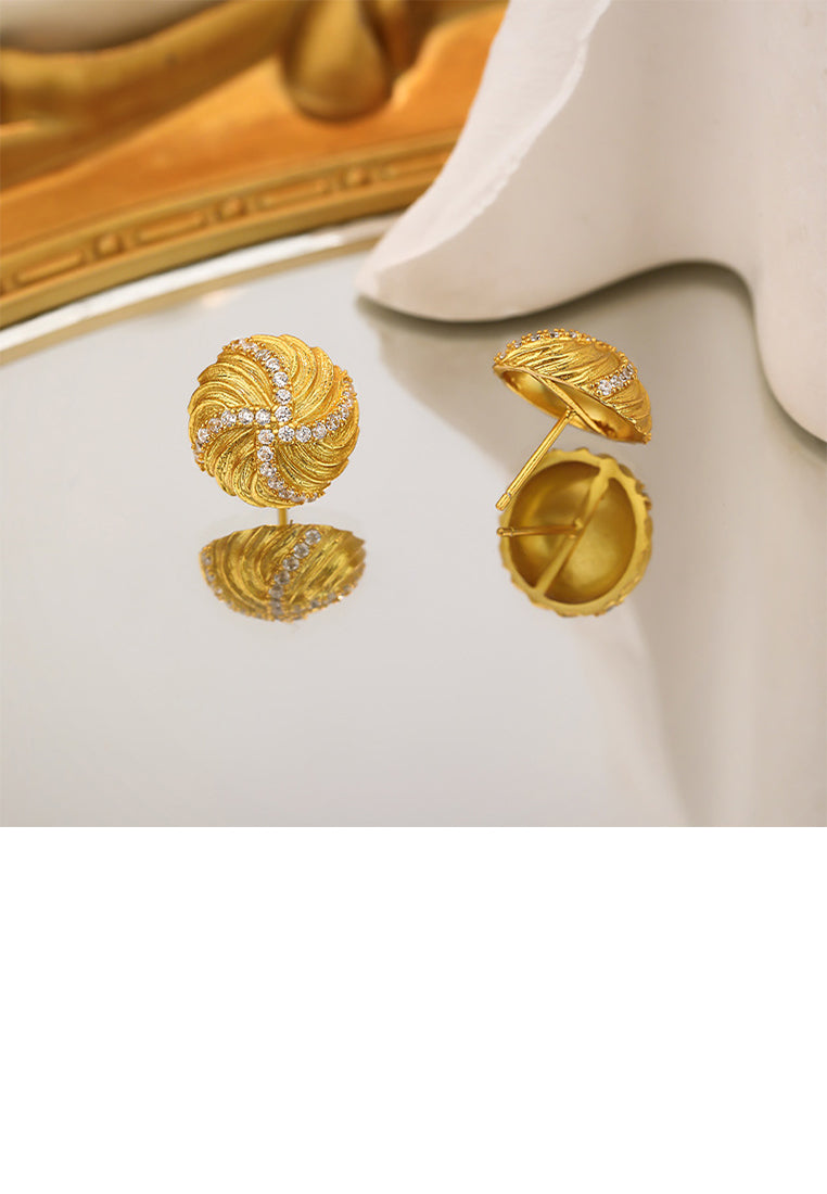 925 Sterling Silver Plated Gold Vintage Fashion Brushed Geometric Round Stud Earrings with Cubic Zirconia - Luxurious Look