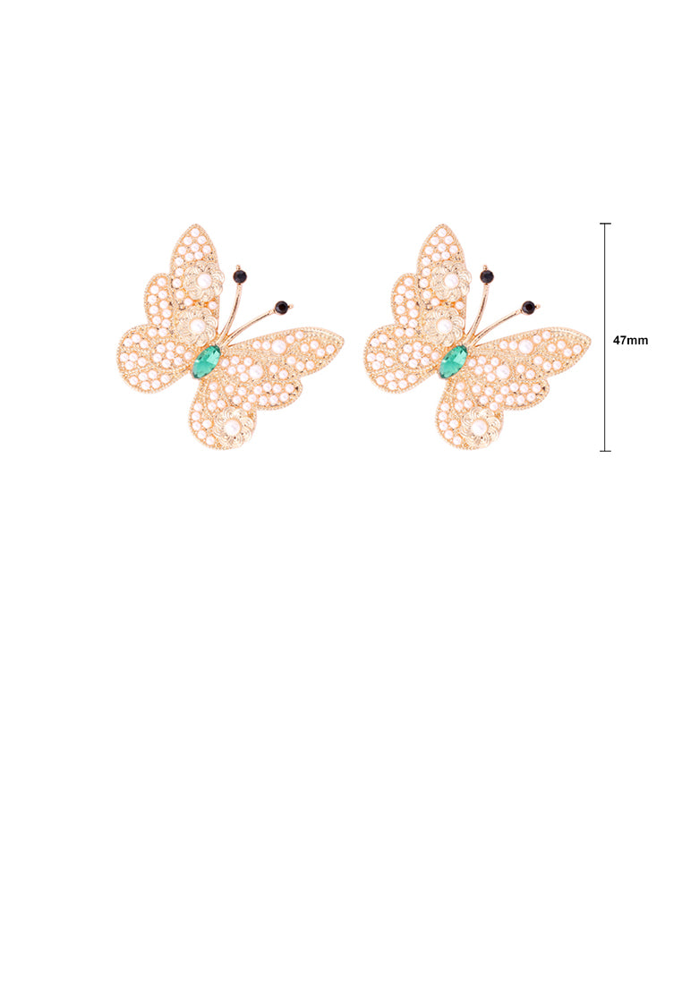 Simple Brilliant Plated Gold Butterfly Imitation Pearl Stud Earrings - Luxurious Look