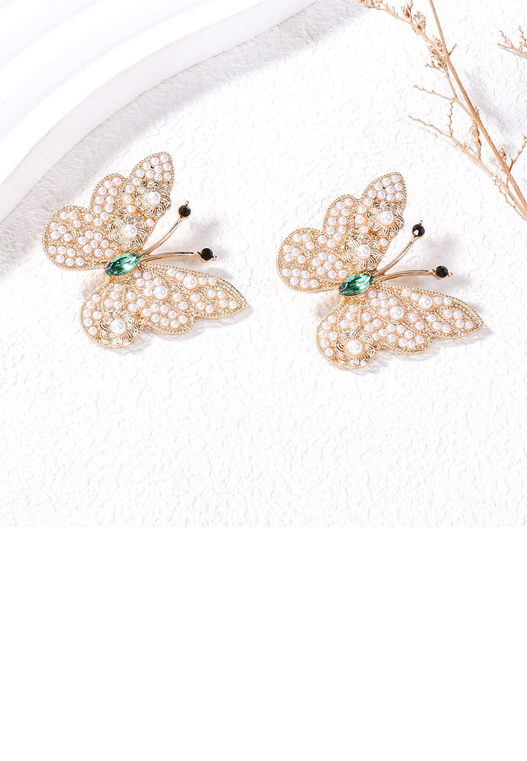 Simple Brilliant Plated Gold Butterfly Imitation Pearl Stud Earrings - Luxurious Look