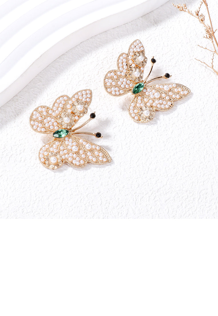 Simple Brilliant Plated Gold Butterfly Imitation Pearl Stud Earrings - Luxurious Look