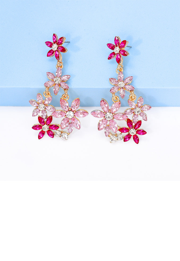 Fashion Elegant Plated Gold Flower Tassel Earrings with Pink Cubic Zirconia - Luxurious Look - Vibrant Color