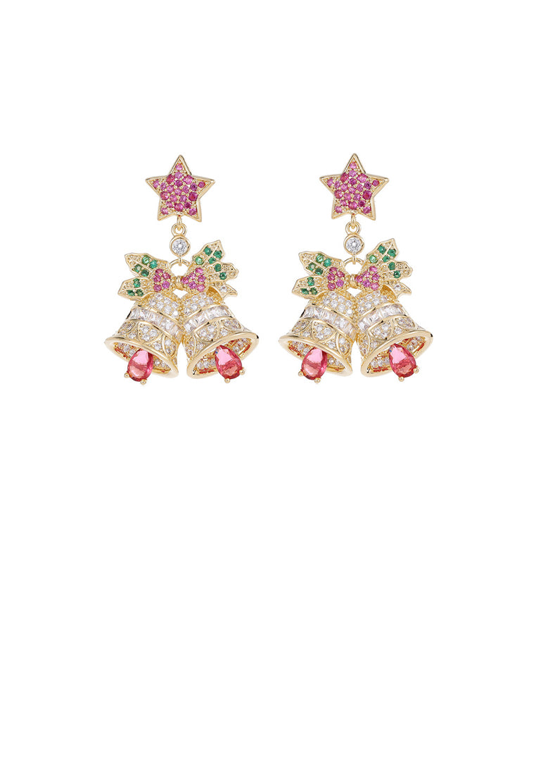 Fashion Brilliant Plated Gold Christmas Bell Earrings with Cubic Zirconia - Luxurious Look