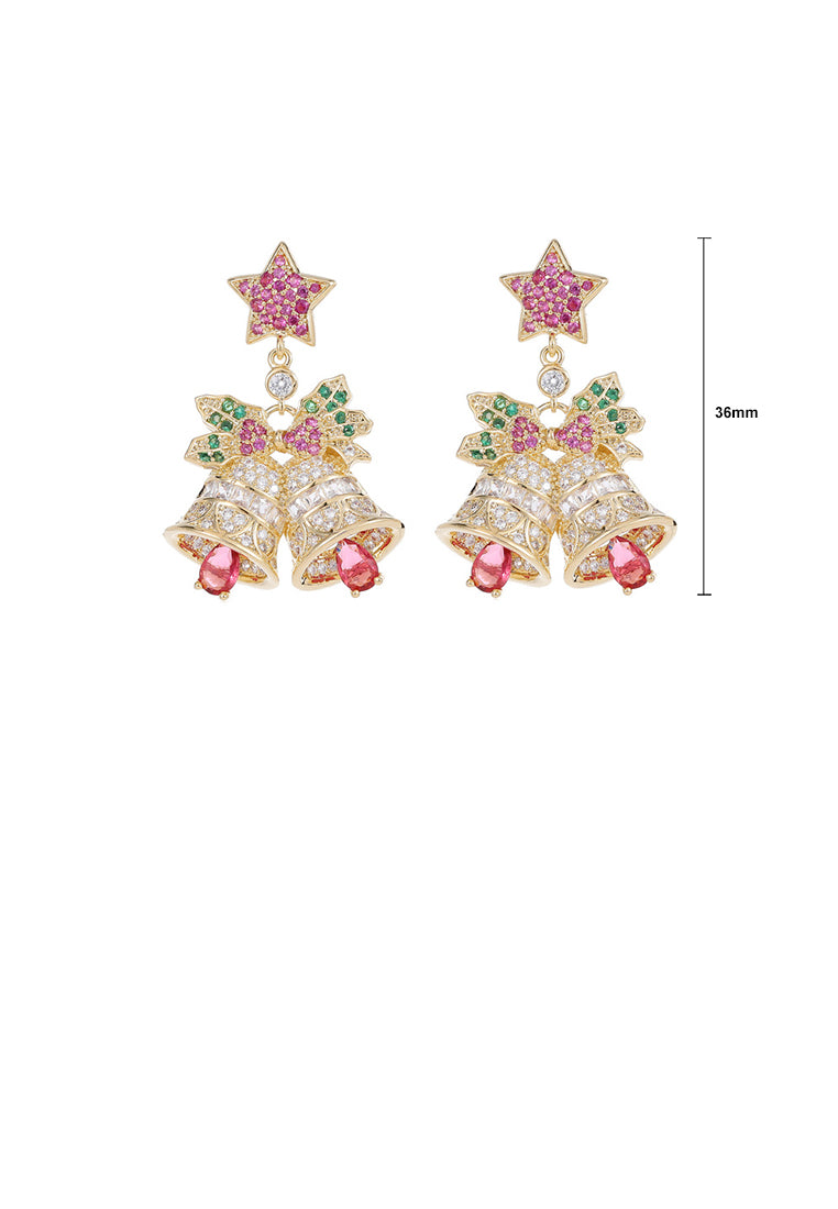 Fashion Brilliant Plated Gold Christmas Bell Earrings with Cubic Zirconia - Luxurious Look