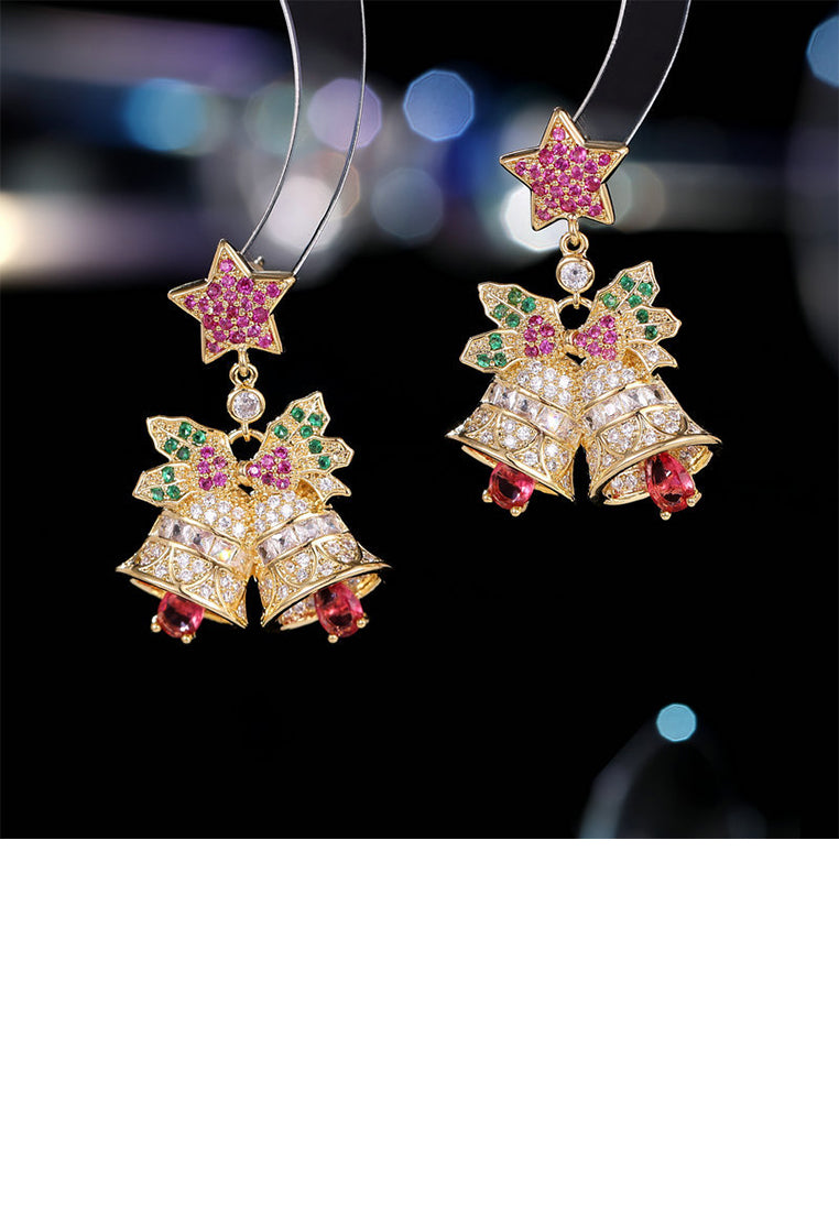 Fashion Brilliant Plated Gold Christmas Bell Earrings with Cubic Zirconia - Luxurious Look