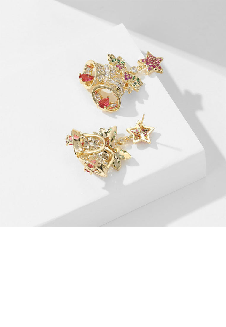 Fashion Brilliant Plated Gold Christmas Bell Earrings with Cubic Zirconia - Luxurious Look
