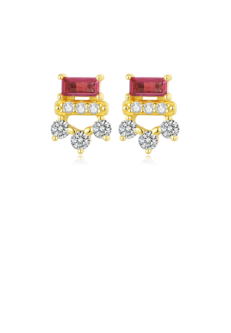 925 Sterling Silver Gold Plated Simple Fashion Geometric Stud Earrings with Red Cubic Zirconia - Luxurious Look - Vibrant Color