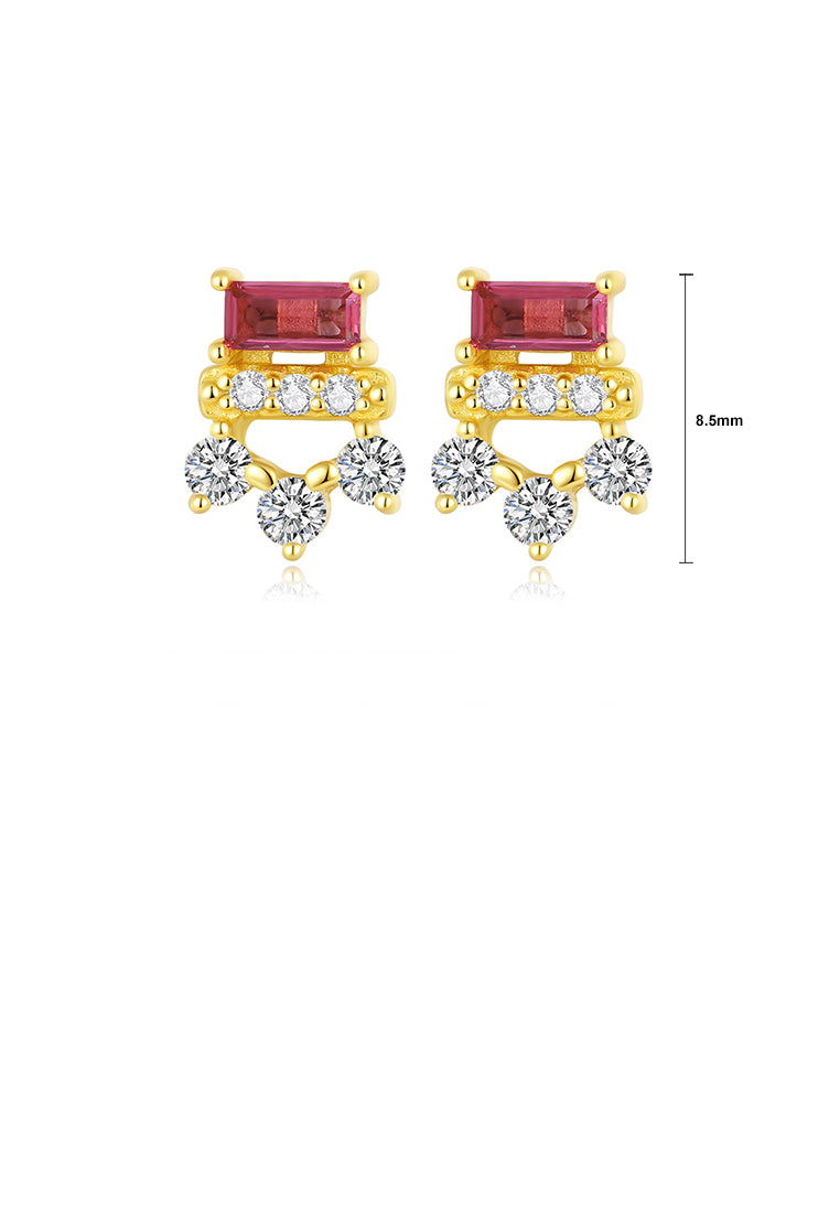 925 Sterling Silver Gold Plated Simple Fashion Geometric Stud Earrings with Red Cubic Zirconia - Luxurious Look - Vibrant Color