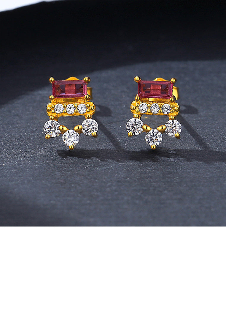 925 Sterling Silver Gold Plated Simple Fashion Geometric Stud Earrings with Red Cubic Zirconia - Luxurious Look - Vibrant Color