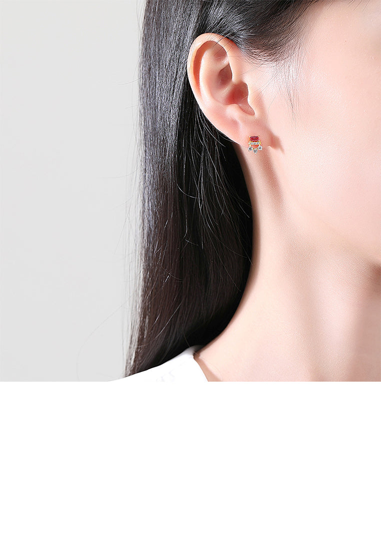 925 Sterling Silver Gold Plated Simple Fashion Geometric Stud Earrings with Red Cubic Zirconia - Luxurious Look - Vibrant Color