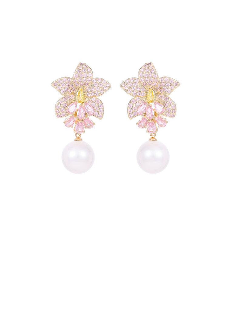 Fashion and Elegant Plated Gold Flower Imitation Pearl Earrings with Pink Cubic Zirconia - Luxurious Look - Vibrant Color