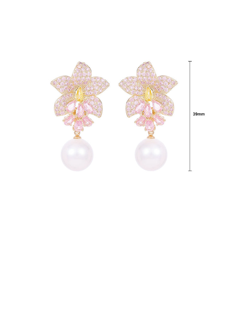 Fashion and Elegant Plated Gold Flower Imitation Pearl Earrings with Pink Cubic Zirconia - Luxurious Look - Vibrant Color