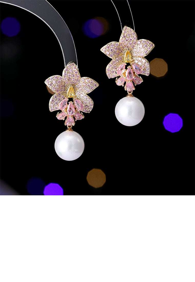 Fashion and Elegant Plated Gold Flower Imitation Pearl Earrings with Pink Cubic Zirconia - Luxurious Look - Vibrant Color