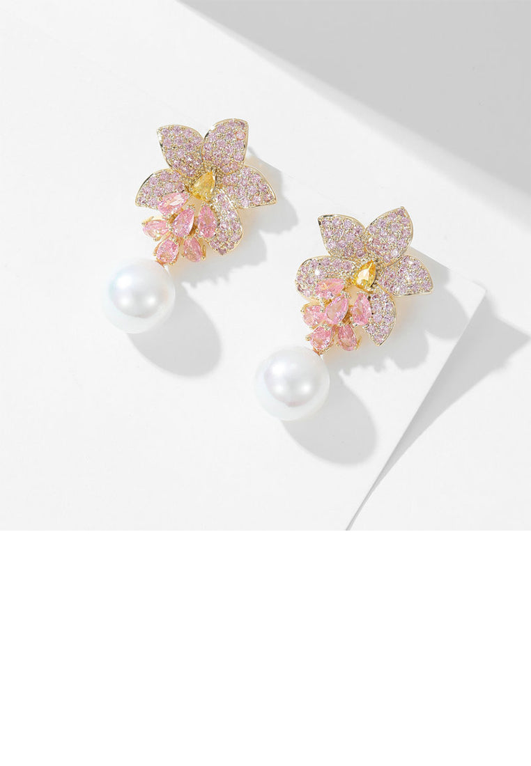 Fashion and Elegant Plated Gold Flower Imitation Pearl Earrings with Pink Cubic Zirconia - Luxurious Look - Vibrant Color