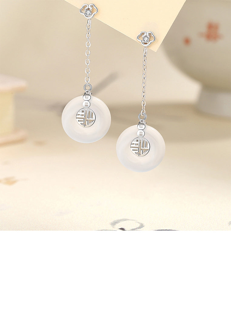 925 Sterling Silver Fashion Vintage Lucky Word Peace Buckle Tassel Earrings