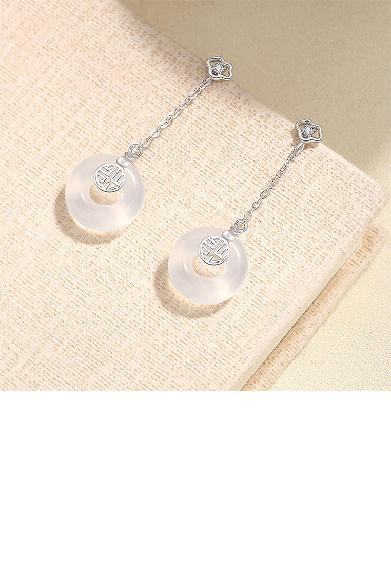 925 Sterling Silver Fashion Vintage Lucky Word Peace Buckle Tassel Earrings