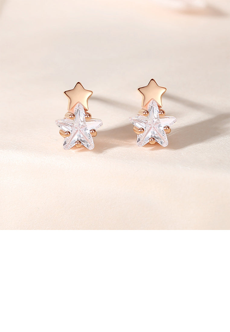925 Sterling Silver Plated Rose Gold Simple Cute Star Stud Earrings with Cubic Zirconia - Luxurious Look