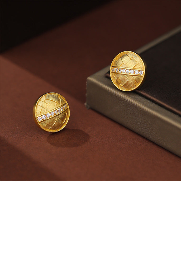 925 Sterling Silver Plated Gold Simple Fashion Braided Round Stud Earrings with Cubic Zirconia - Luxurious Look