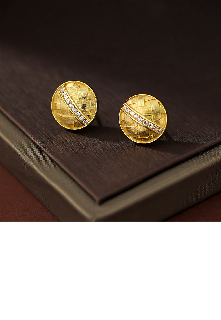 925 Sterling Silver Plated Gold Simple Fashion Braided Round Stud Earrings with Cubic Zirconia - Luxurious Look