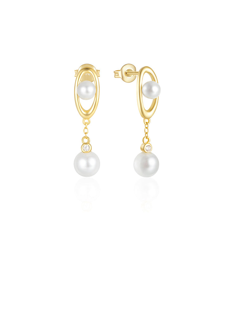 925 Sterling Silver Plated Gold Fashion Elegant Geometric Oval Earrings with Imitation Pearls