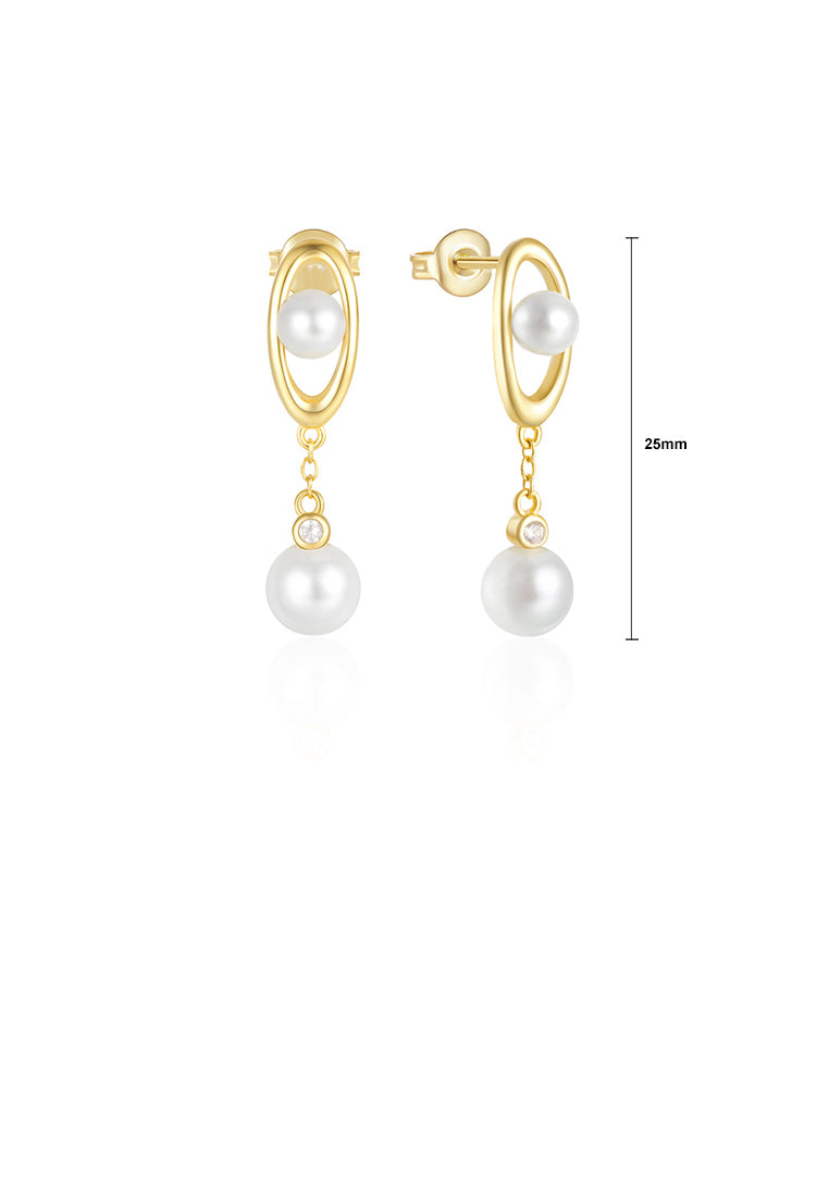 925 Sterling Silver Plated Gold Fashion Elegant Geometric Oval Earrings with Imitation Pearls