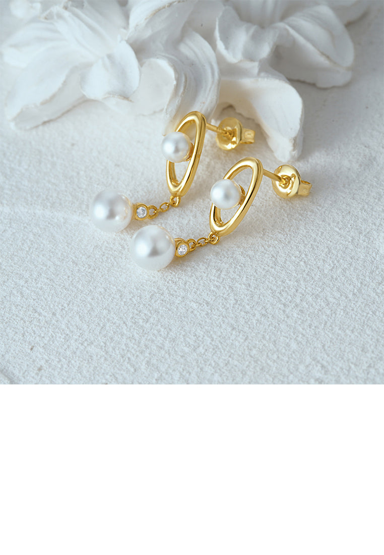 925 Sterling Silver Plated Gold Fashion Elegant Geometric Oval Earrings with Imitation Pearls