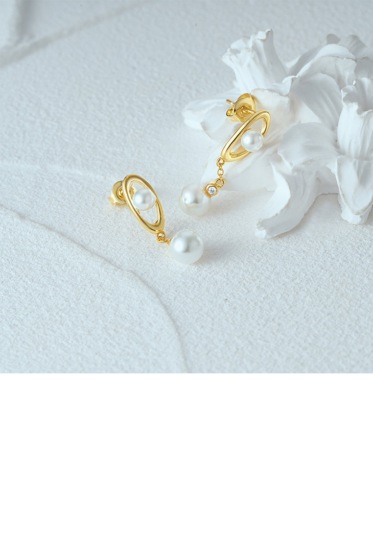 925 Sterling Silver Plated Gold Fashion Elegant Geometric Oval Earrings with Imitation Pearls