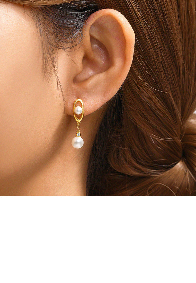 925 Sterling Silver Plated Gold Fashion Elegant Geometric Oval Earrings with Imitation Pearls