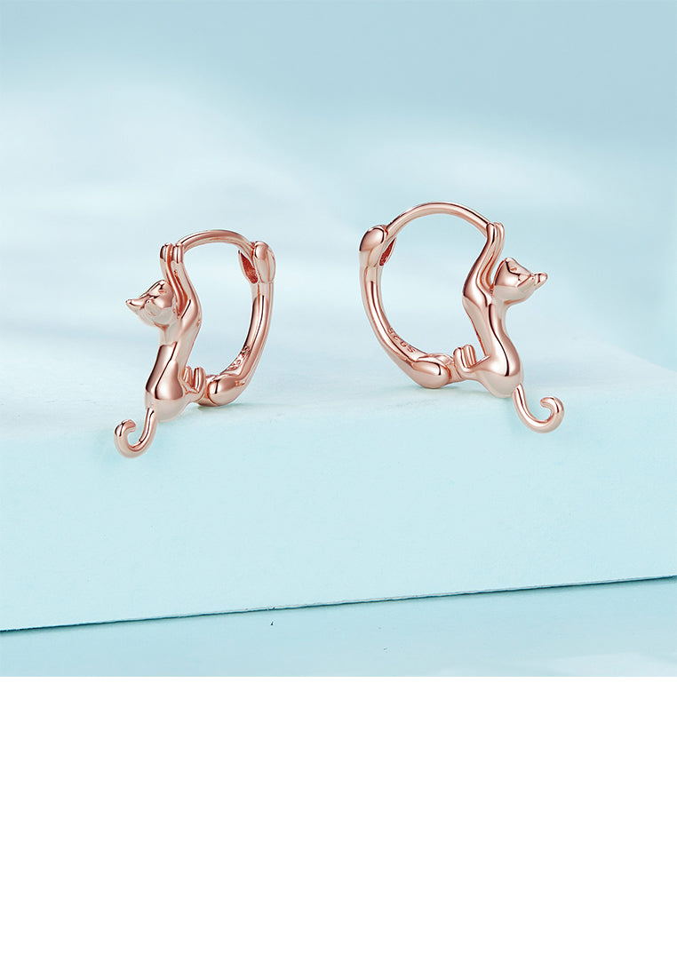 925 Sterling Silver Plated Rose Gold Lovely Cat Geometric Circle Earrings
