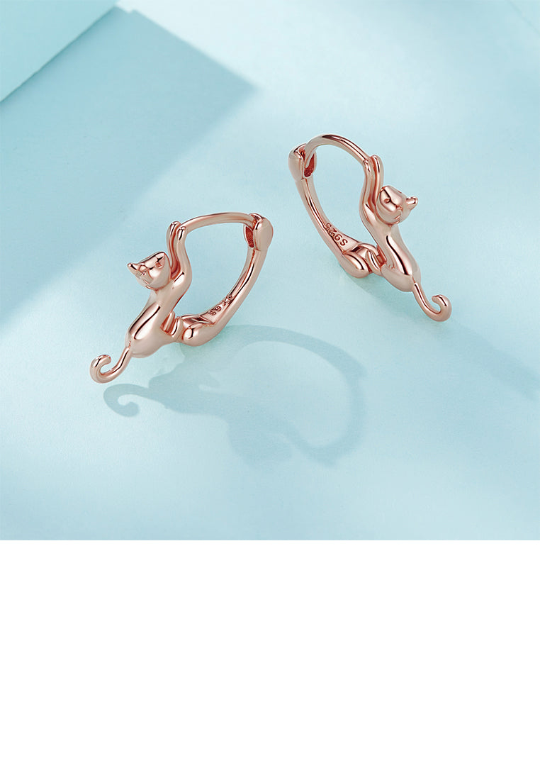 925 Sterling Silver Plated Rose Gold Lovely Cat Geometric Circle Earrings