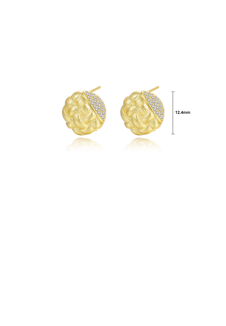 925 Sterling Silver Plated Gold Fashion Vintage Brushed Braided Geometric Round Stud Earrings with Cubic Zirconia - Luxurious Look