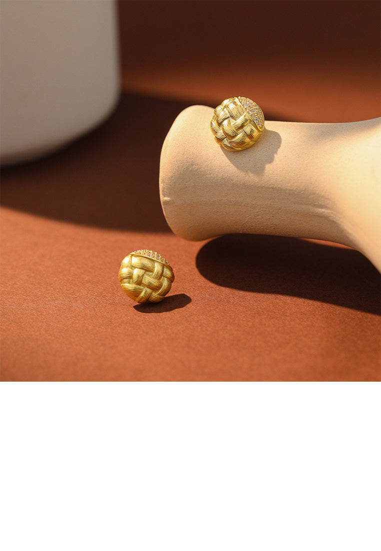 925 Sterling Silver Plated Gold Fashion Vintage Brushed Braided Geometric Round Stud Earrings with Cubic Zirconia - Luxurious Look
