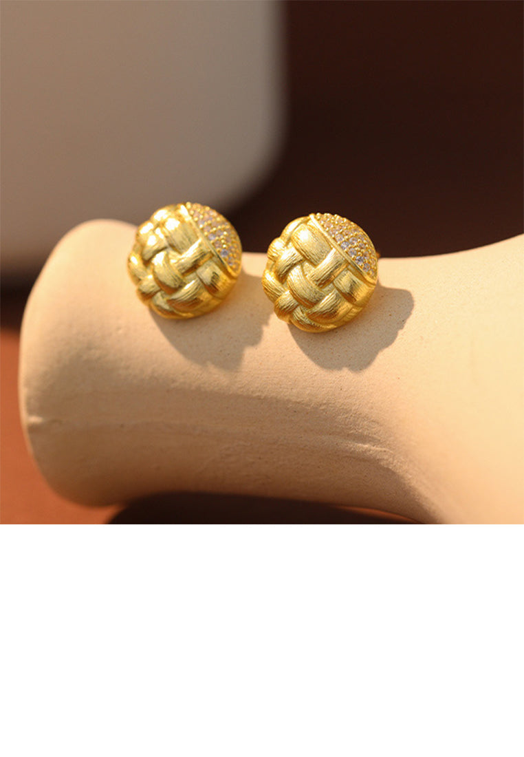 925 Sterling Silver Plated Gold Fashion Vintage Brushed Braided Geometric Round Stud Earrings with Cubic Zirconia - Luxurious Look
