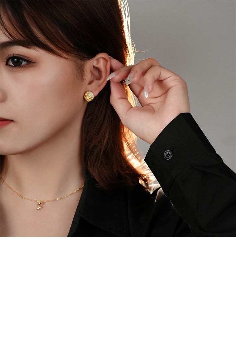 925 Sterling Silver Plated Gold Fashion Vintage Brushed Braided Geometric Round Stud Earrings with Cubic Zirconia - Luxurious Look