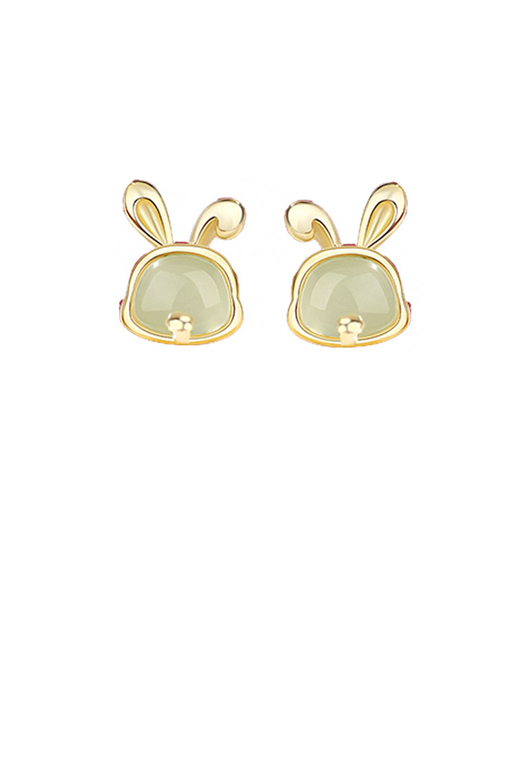 925 Sterling Silver Plated Gold Simple and Elegant Twelve Zodiac Rabbit Imitation Hetian Jade Stud Earrings