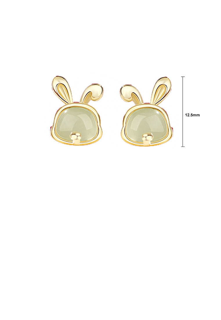 925 Sterling Silver Plated Gold Simple and Elegant Twelve Zodiac Rabbit Imitation Hetian Jade Stud Earrings