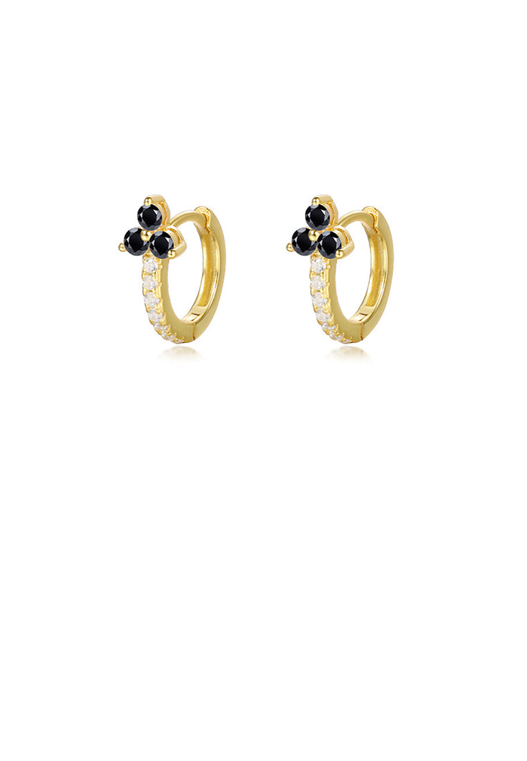 925 Sterling Silver Plated Gold Simple Cute Three-leafed Clover Geometric Earrings with Black Cubic Zirconia - Luxurious Look