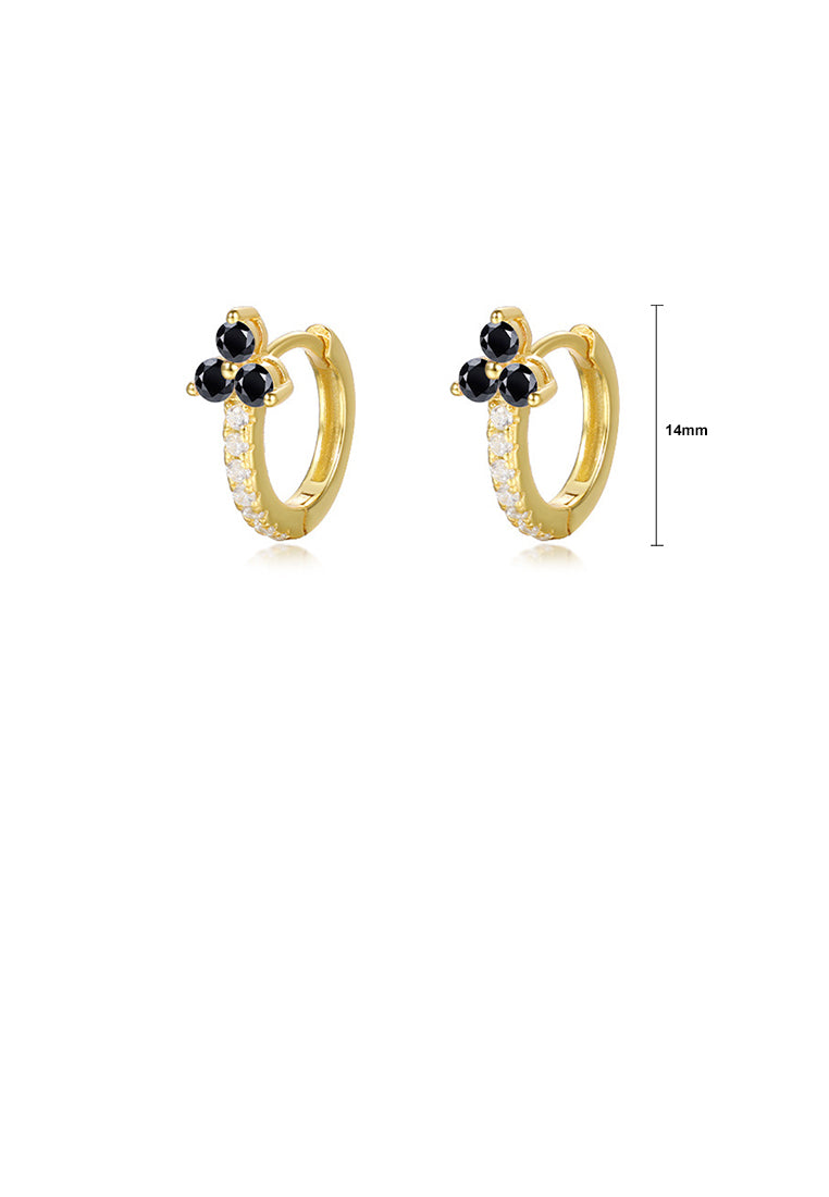 925 Sterling Silver Plated Gold Simple Cute Three-leafed Clover Geometric Earrings with Black Cubic Zirconia - Luxurious Look