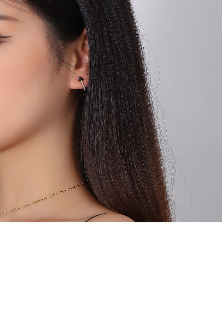 925 Sterling Silver Plated Gold Simple Cute Three-leafed Clover Geometric Earrings with Black Cubic Zirconia - Luxurious Look